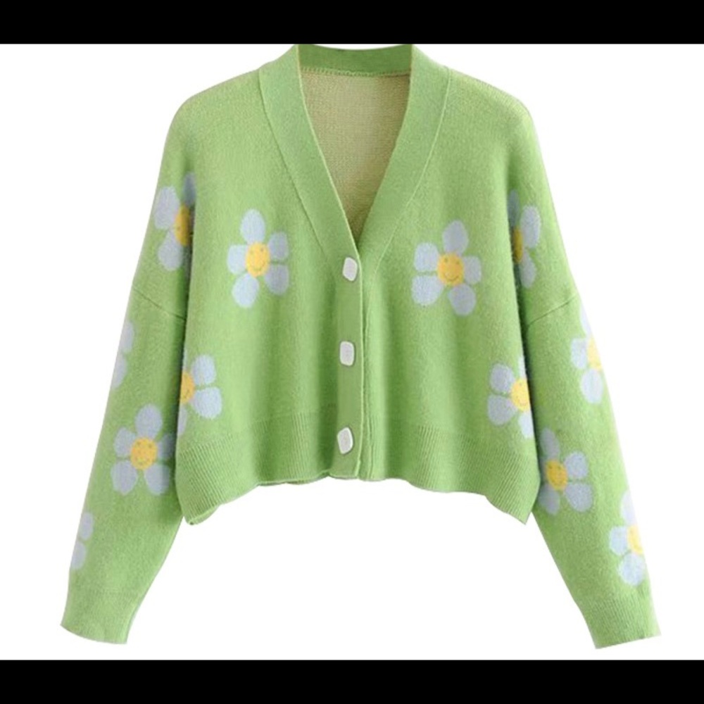 Cropped green flower cardigan